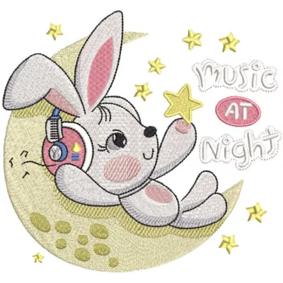 Music at night embroidery design featuring playful bunnies surrounded by musical notes and stars.