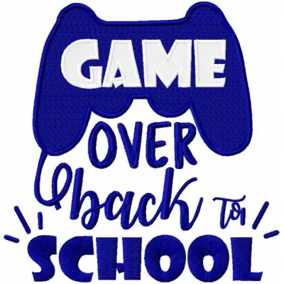 Game over back to school embroidery design featuring playful motifs for stitching on backpacks and school supplies.