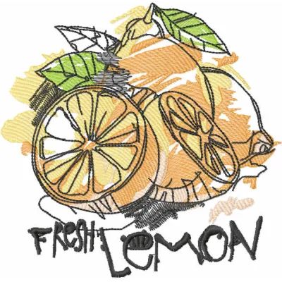 Fresh lemon embroidery design showcasing vibrant citrus motifs, perfect for embellishing towels or tote bags.
