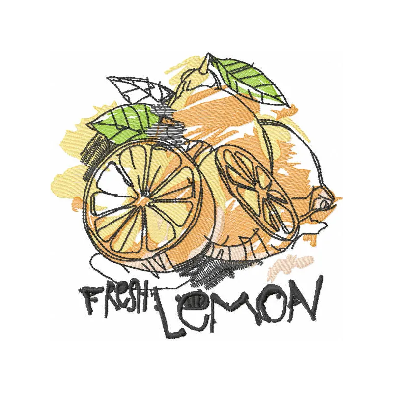 Fresh lemon embroidery design showcasing vibrant citrus motifs, perfect for embellishing towels or tote bags.