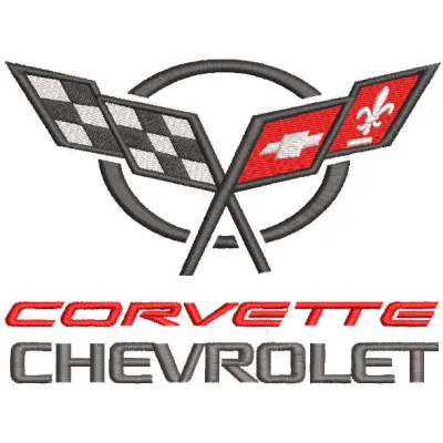 Embroidery design featuring Chevrolet Corvette with flag logo, ideal for stitching on apparel and accessories.