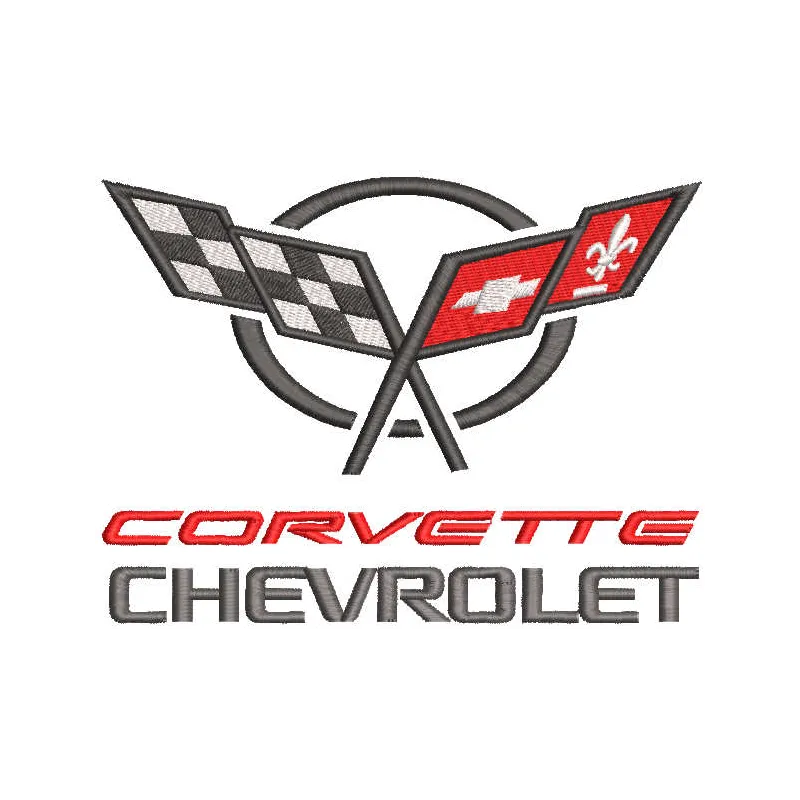 Embroidery design featuring Chevrolet Corvette with flag logo, ideal for stitching on apparel and accessories.