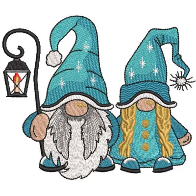 Dwarf family getting ready for Christmas embroidery design featuring festive gnomes in holiday attire.