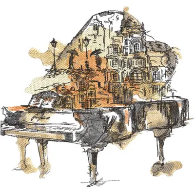 Urban romance embroidery design showcasing a city skyline, perfect for stitching on hoodies and tote bags.