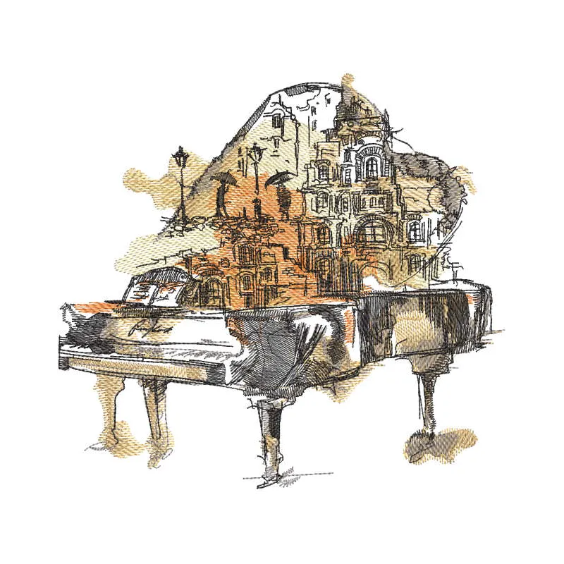 Urban romance embroidery design showcasing a city skyline, perfect for stitching on hoodies and tote bags.