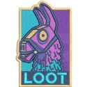 Preview of a playful Loot Llama embroidery design inspired by Fortnite, showcasing vibrant stitching patterns.