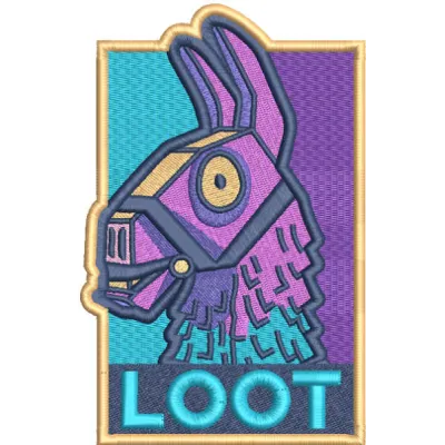 Preview of a playful Loot Llama embroidery design inspired by Fortnite, showcasing vibrant stitching patterns.