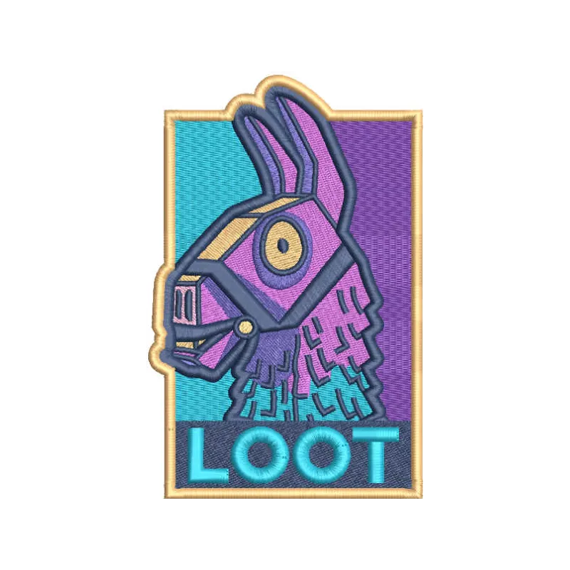 Preview of a playful Loot Llama embroidery design inspired by Fortnite, showcasing vibrant stitching patterns.