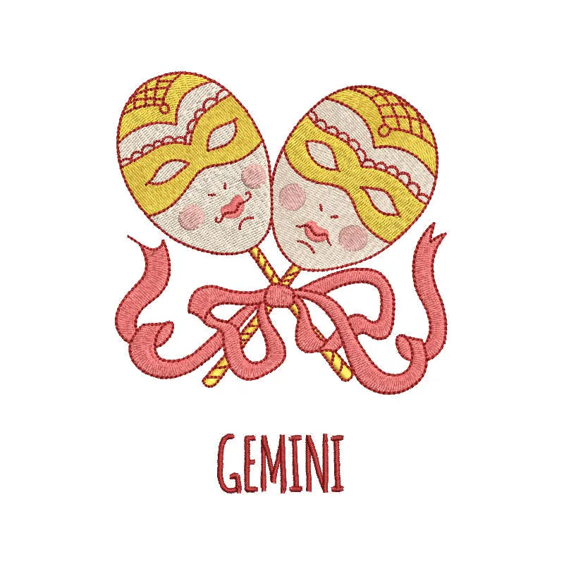 Gemini zodiac sign embroidery design featuring intricate details, ideal for personalizing t-shirts and tote bags.