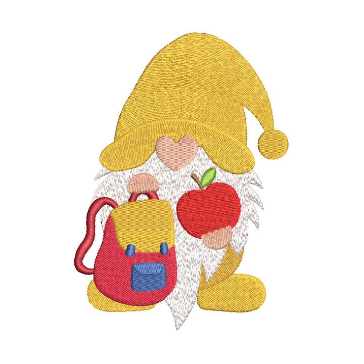 School gnome with backpack and apple embroidery design - Embroidery Design