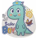 Dino sailor boy embroidery design featuring a playful dinosaur in sailor attire, perfect for fun stitching projects.