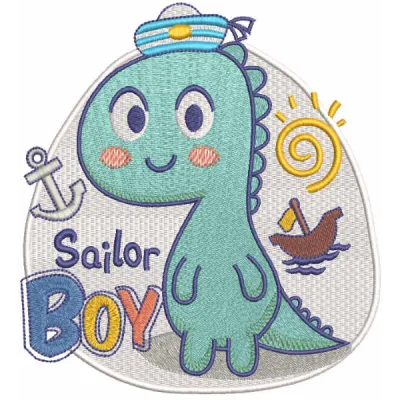 Dino sailor boy embroidery design featuring a playful dinosaur in sailor attire, perfect for fun stitching projects.