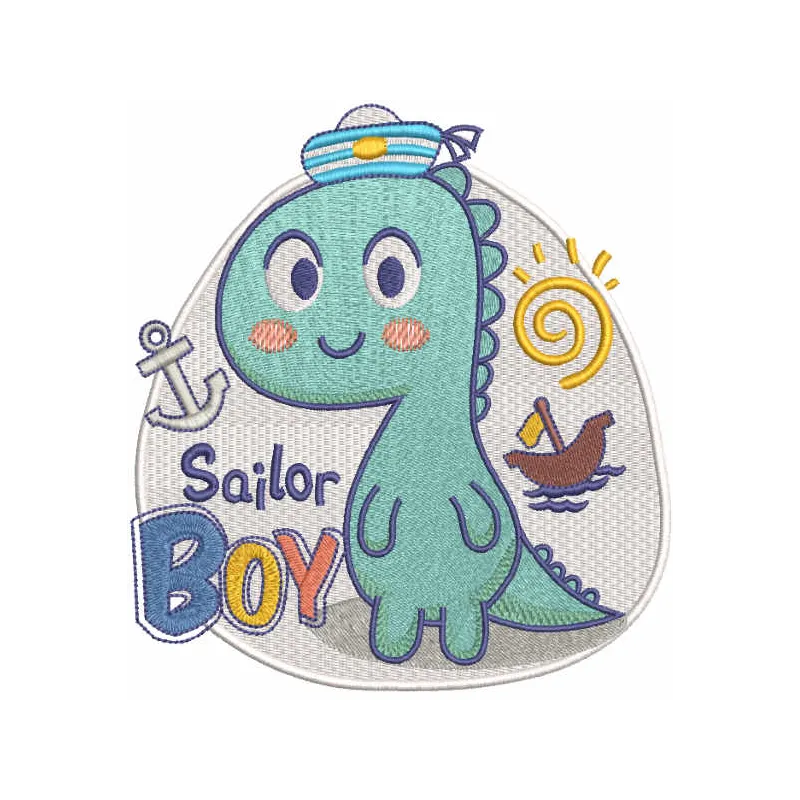 Dino sailor boy embroidery design featuring a playful dinosaur in sailor attire, perfect for fun stitching projects.