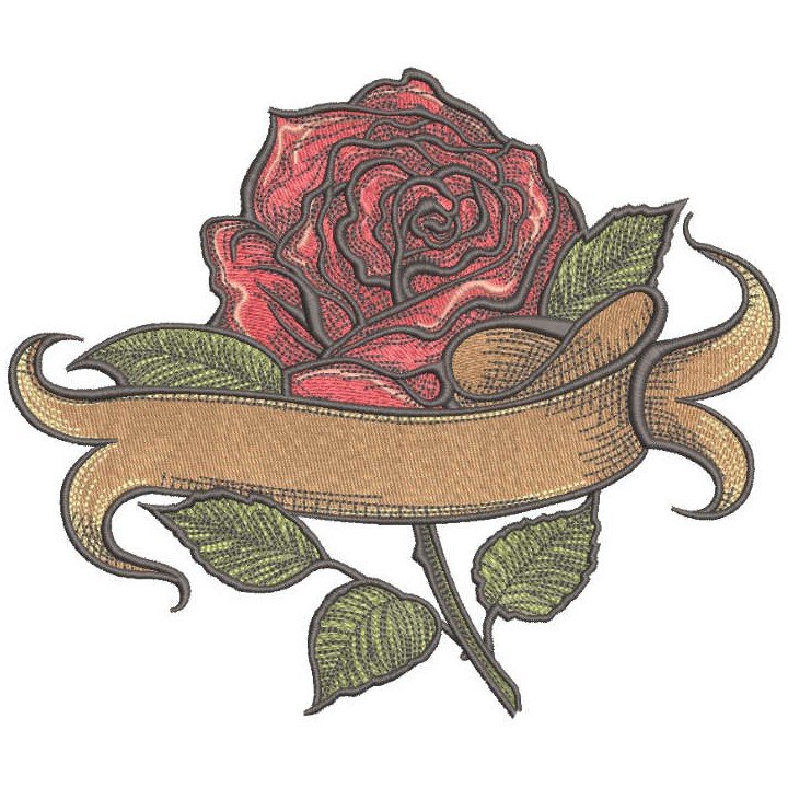 Red rose with banner embroidery design - Embroidery Design