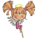 Embroidery design featuring an angel sitting on the edge, ideal for various stitching projects.