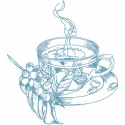 Embroidery design of a cup of magical tea in a garden, showcasing intricate stitching details for kitchen decor.