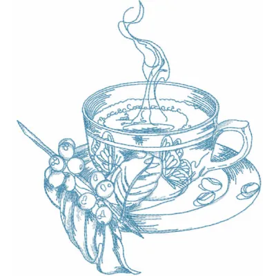 Embroidery design of a cup of magical tea in a garden, showcasing intricate stitching details for kitchen decor.