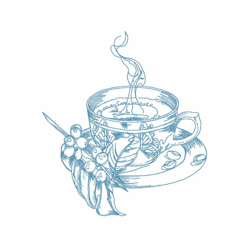 Embroidery design of a cup of magical tea in a garden, showcasing intricate stitching details for kitchen decor.