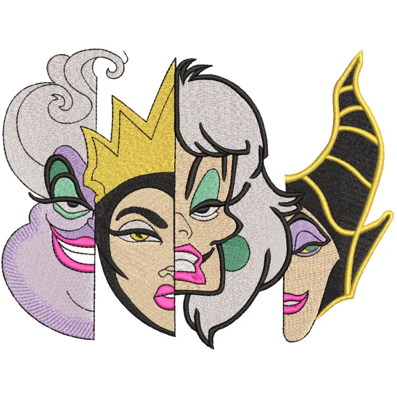 Four Villains embroidery design featuring unique motifs for creative stitching on various projects.