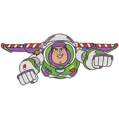Flying Buzz Lightyear embroidery design featuring the beloved character from Toy Story, ready for stitching.