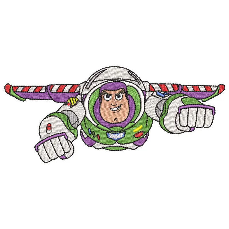 Flying Buzz Lightyear embroidery design featuring the beloved character from Toy Story, ready for stitching.