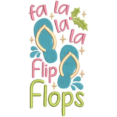 Preview of the Fa la la la flip flops embroidery design, a cheerful summer motif for stitching on beach towels or tote bags.