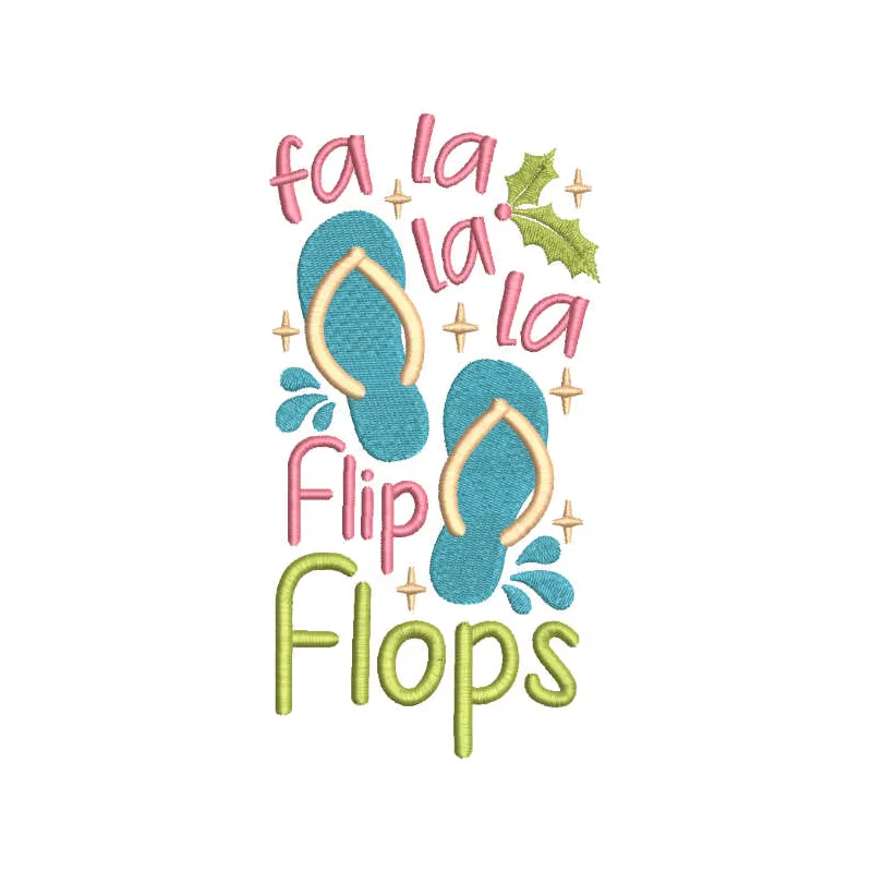 Preview of the Fa la la la flip flops embroidery design, a cheerful summer motif for stitching on beach towels or tote bags.
