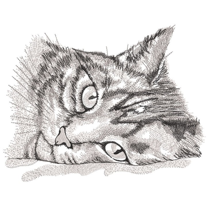 Greyscale resting cat embroidery design - Embroidery Design