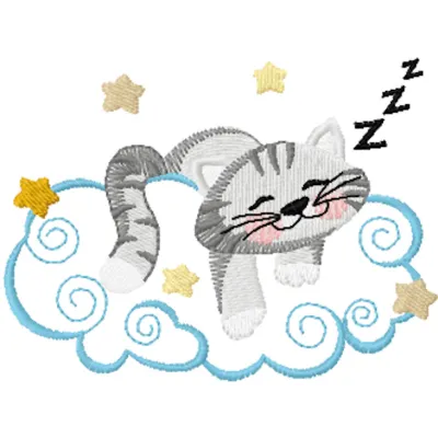 Embroidery design of a cute cat sleeping on a fluffy cloud, ideal for stitching on baby blankets or hoodies.