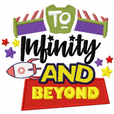 To infinity and beyond embroidery design featuring playful motifs inspired by Toy Story, ideal for t-shirts and tote bags.