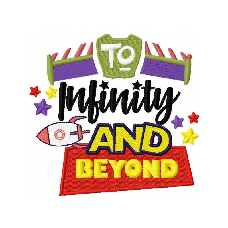 To infinity and beyond embroidery design featuring playful motifs inspired by Toy Story, ideal for t-shirts and tote bags.