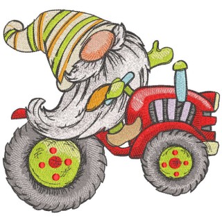 Spring gnome on a tractor embroidery design - Embroidery Design