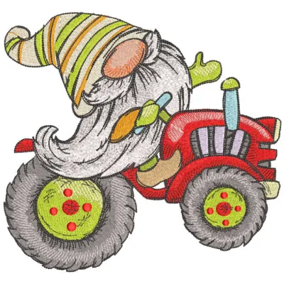 Spring gnome on a tractor embroidery design featuring a whimsical gnome driving a bright green tractor.