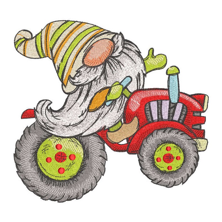 Spring gnome on a tractor embroidery design - Embroidery Design