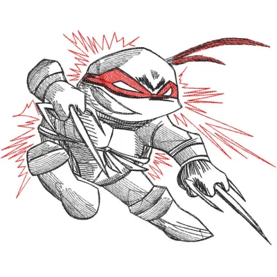 Embroidery design featuring a sketch of Raphael in an attacking pose from Teenage Mutant Ninja Turtles.