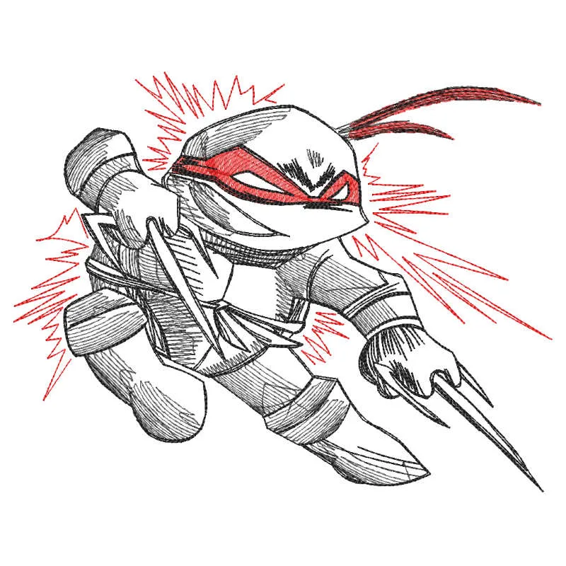 Embroidery design featuring a sketch of Raphael in an attacking pose from Teenage Mutant Ninja Turtles.