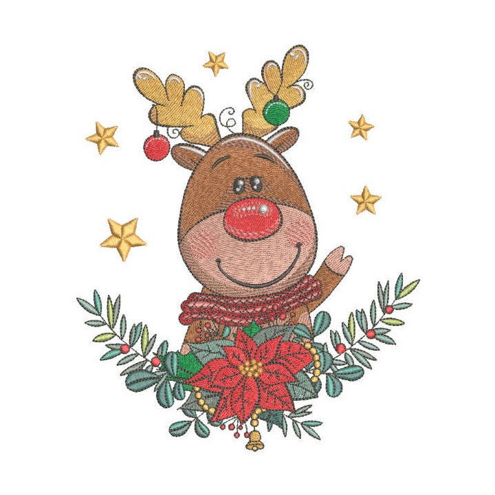 Christmas deer with flower embroidery design - Embroidery Design