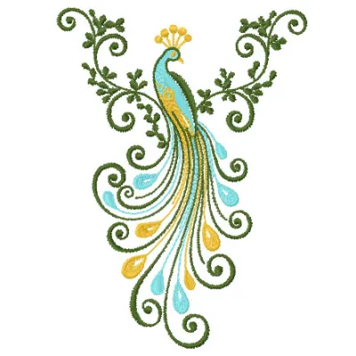Little Peacock embroidery design showcasing a vibrant bird motif, ideal for embellishing t-shirts and tote bags.