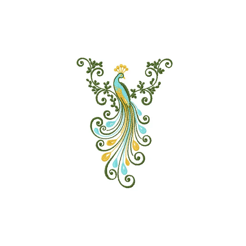 Little Peacock embroidery design showcasing a vibrant bird motif, ideal for embellishing t-shirts and tote bags.
