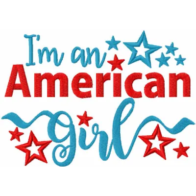 Preview of 'I'm an American Girl' embroidery design featuring vibrant stitching patterns for various fabric projects.