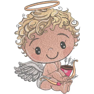 Adorable embroidery design of a cute cupid with a bow and arrow, perfect for angel-themed projects.