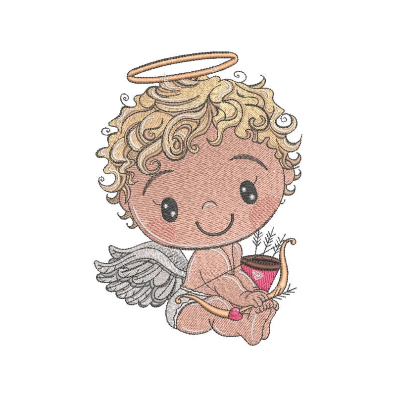 Adorable embroidery design of a cute cupid with a bow and arrow, perfect for angel-themed projects.