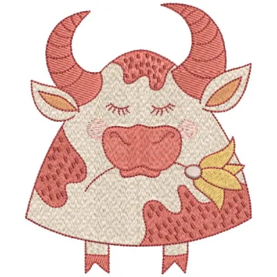 Cute buffalo with flower embroidery design showcasing a charming farm animal motif for creative stitching projects.