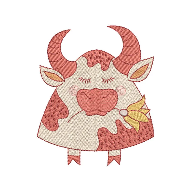 Cute buffalo with flower embroidery design showcasing a charming farm animal motif for creative stitching projects.
