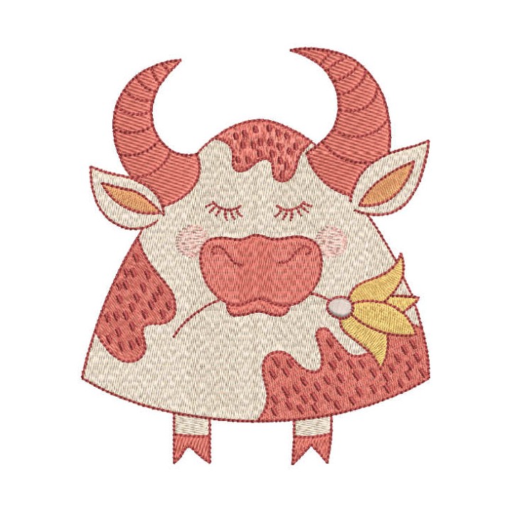 Cute buffalo with flower embroidery design - Embroidery Design