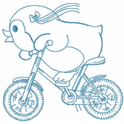 Embroidery design featuring a penguin on a bicycle, perfect for adding charm to apparel and accessories.