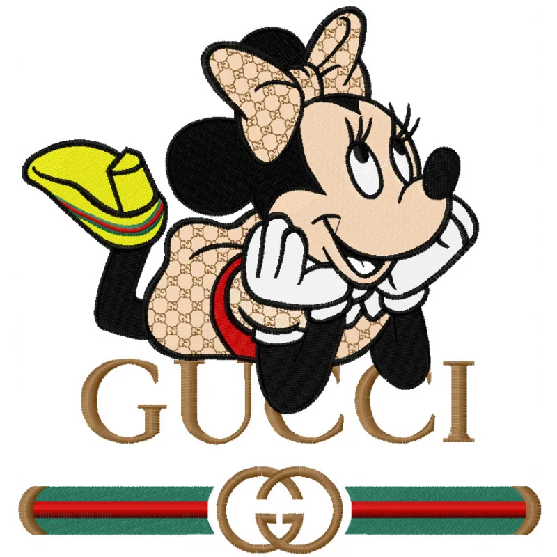 Minnie Gucci embroidery design showcasing a whimsical blend of Minnie Mouse and Gucci elements for creative stitching.