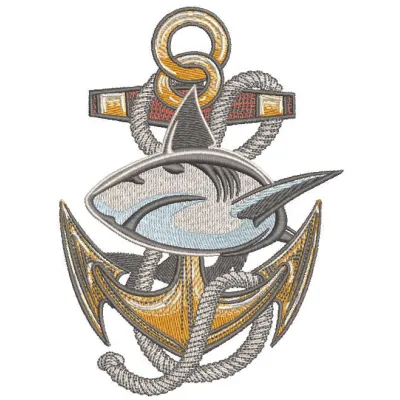 Preview of an angry shark and anchor embroidery design, showcasing intricate stitching patterns ideal for nautical themes.