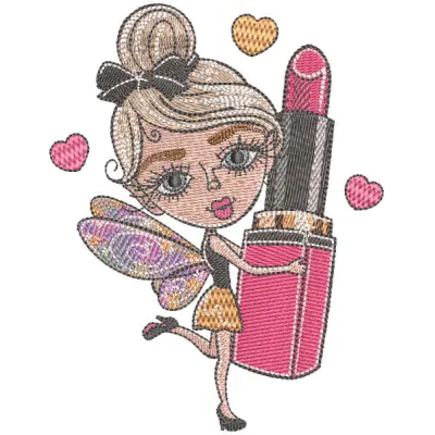 Preview of a whimsical fairy with lipstick embroidery design, showcasing intricate stitching details for creative projects.