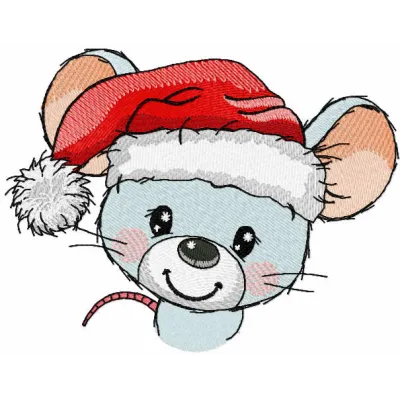Cute little mouse wearing a Santa hat embroidery design for festive Christmas projects and decorations.